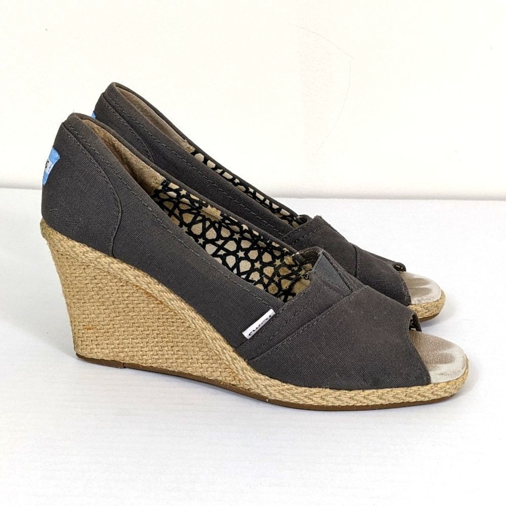 Toms Stella Peep Toe Jute Espadrille Wedges Gray 8
